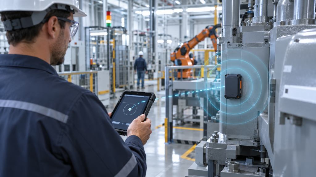 Industrial worker using an unbranded rugged tablet to range a tagged factory asset