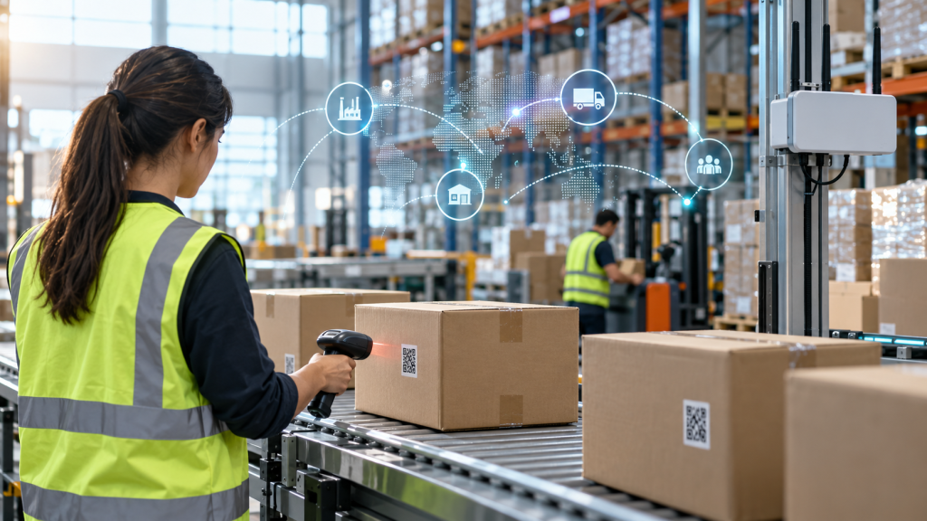 Warehouse worker scanning a generic package in a connected traceability workflow
