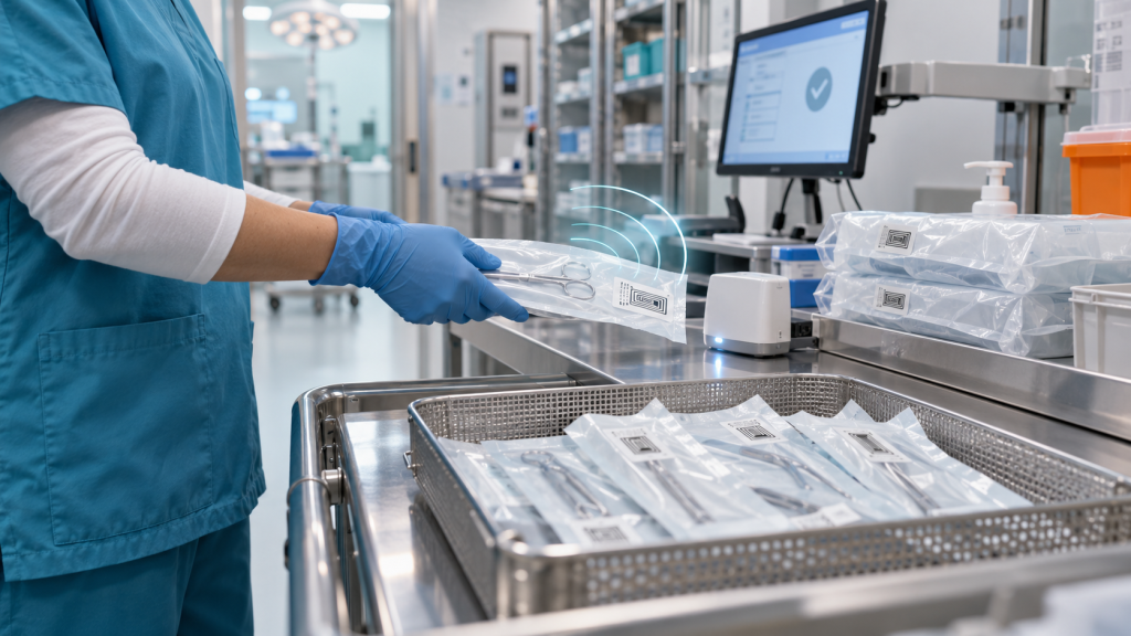 Healthcare worker managing unbranded RFID-tagged sterile medical supplies
