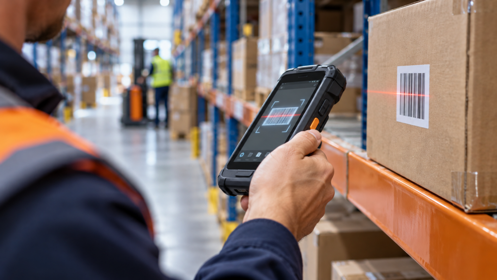 Unbranded rugged Android handheld computer scanning a barcode in a warehouse